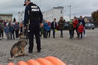 Obraz przedstawia policjanta pokazującego dzieciom psa służbowego