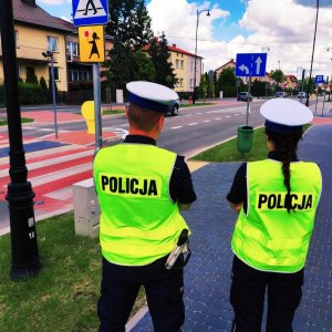 Obraz przedstawia policjantów sprawdzającego na tle przejścia dla pieszych