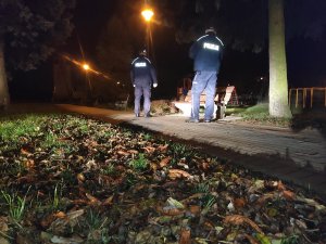 Obraz przedstawia policjantów dzielnicowych patrolujących park miejski nocą