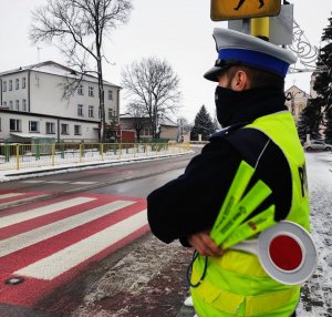 Obraz przedstawia policjanta stojącego przed przejściem dla pieszych