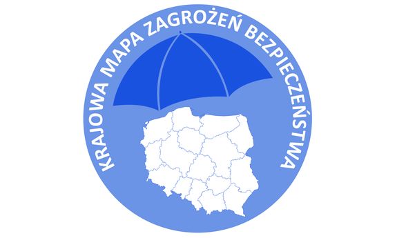 Obraz przedstawia kontury granic Polski na niebieskim tle z napisem Krajowa Mapa Zagrożeń Bezpieczeństwa