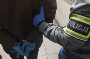 Obraz przedstawia ramię policjanta Wydziału Kryminalnego z opaską z napisem policja oraz ramię zatrzymanego