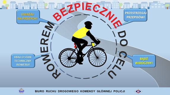 Infografika przedstawia rysunek roweru wraz z rowerzystą i napisami rowerem bezpiecznie do celu oraz hasłami bądź widoczny przestrzegaj przepisów dbaj o stan techniczny roweru uważaj na pieszych