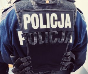 obraz przedstawia plecy policjanta w kamizelce taktycznej z napisem policja
