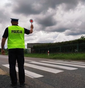 obraz przedstawia policjanta trzymającego w ręce tarcze do zatrzymywania pojazdów