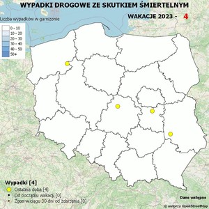 mapa Polski z zaznaczonymi wypadkami